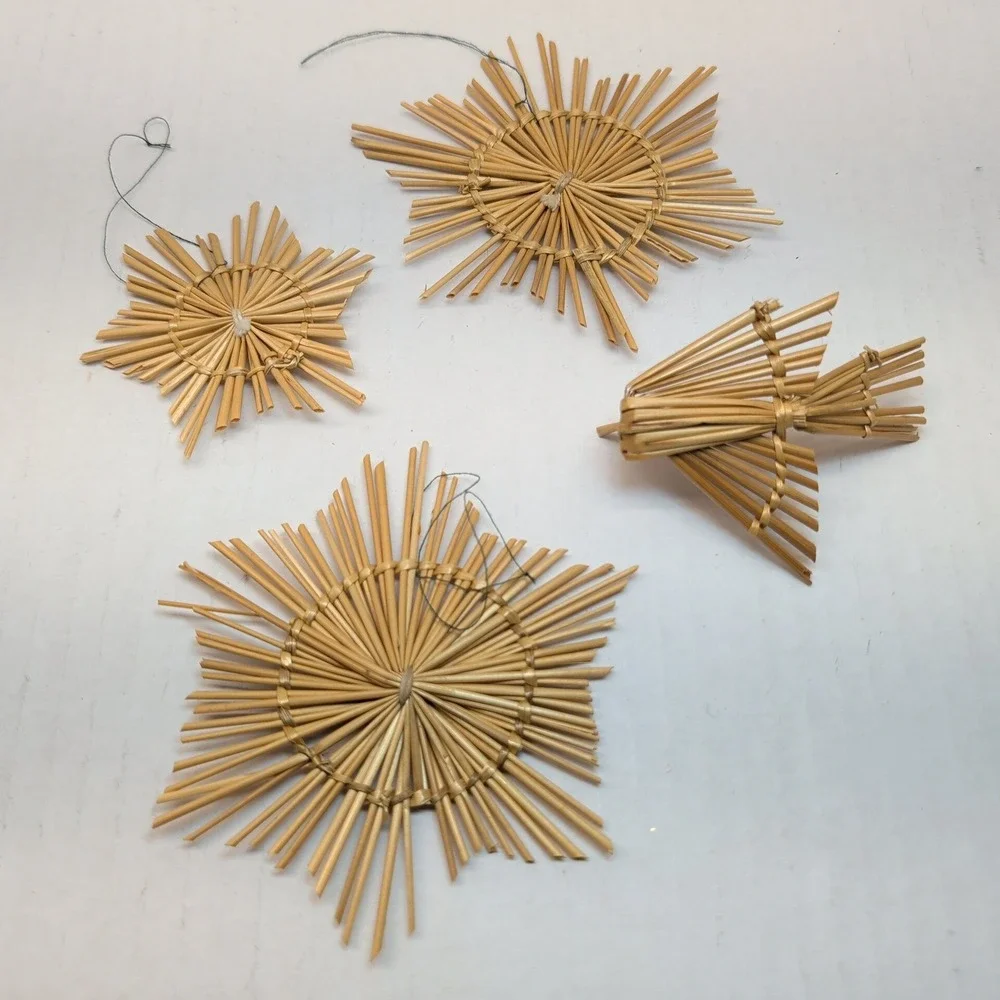 Vintage Scandinavian Wheat Straw Christmas Ornaments Set of 4 Stars and Bird